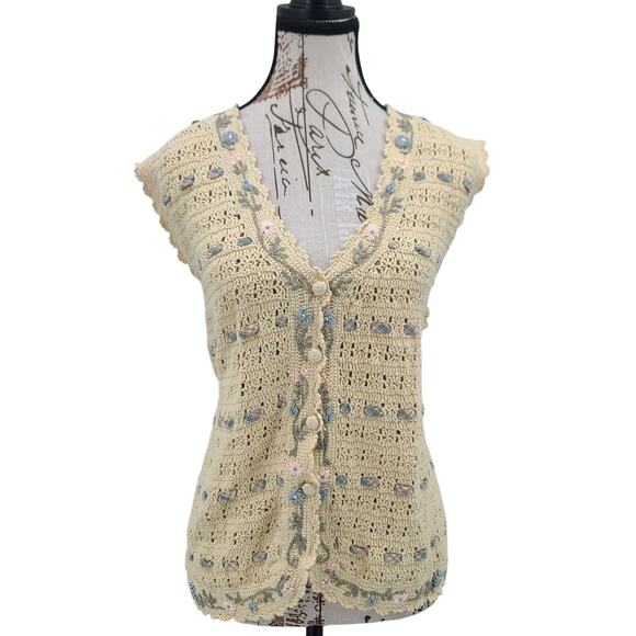 Vintage Yellow crochet open knit sweater vest floral women's grandmacore retro - Picture 1 of 7